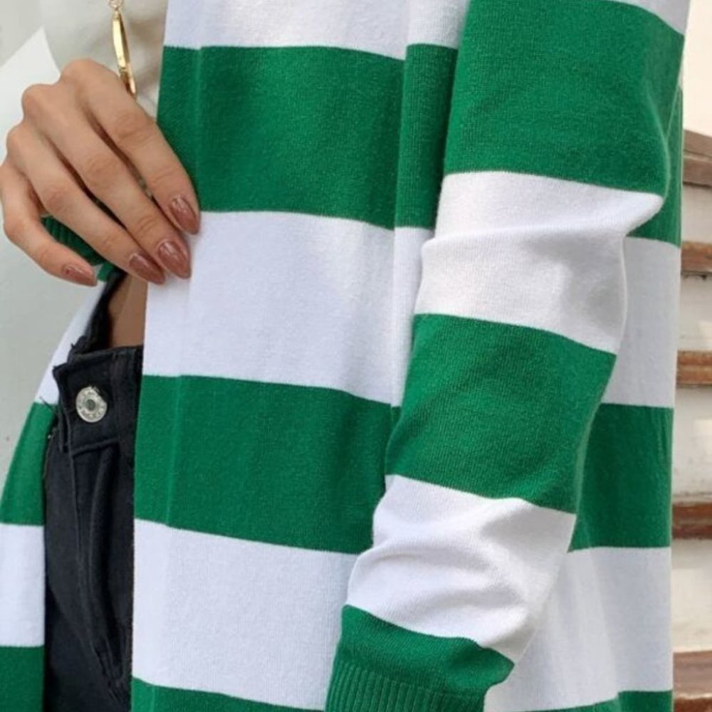Colorblock stripes open front long Cardigan GREEN - Picture 5 of 5
